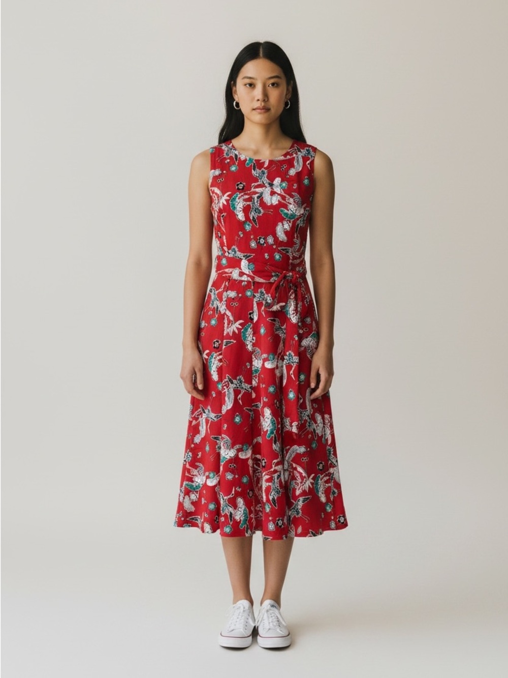 Shelby & Palmer Red Sleeveless Bird & Floral Midi Dress